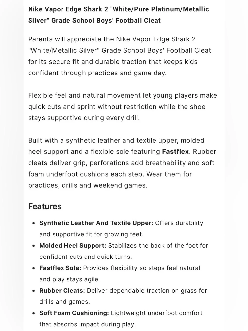 NWOB NIKE Vapor Edge Shark 2 Youth Boys Football Cleats White Silver - Size 4.5Y